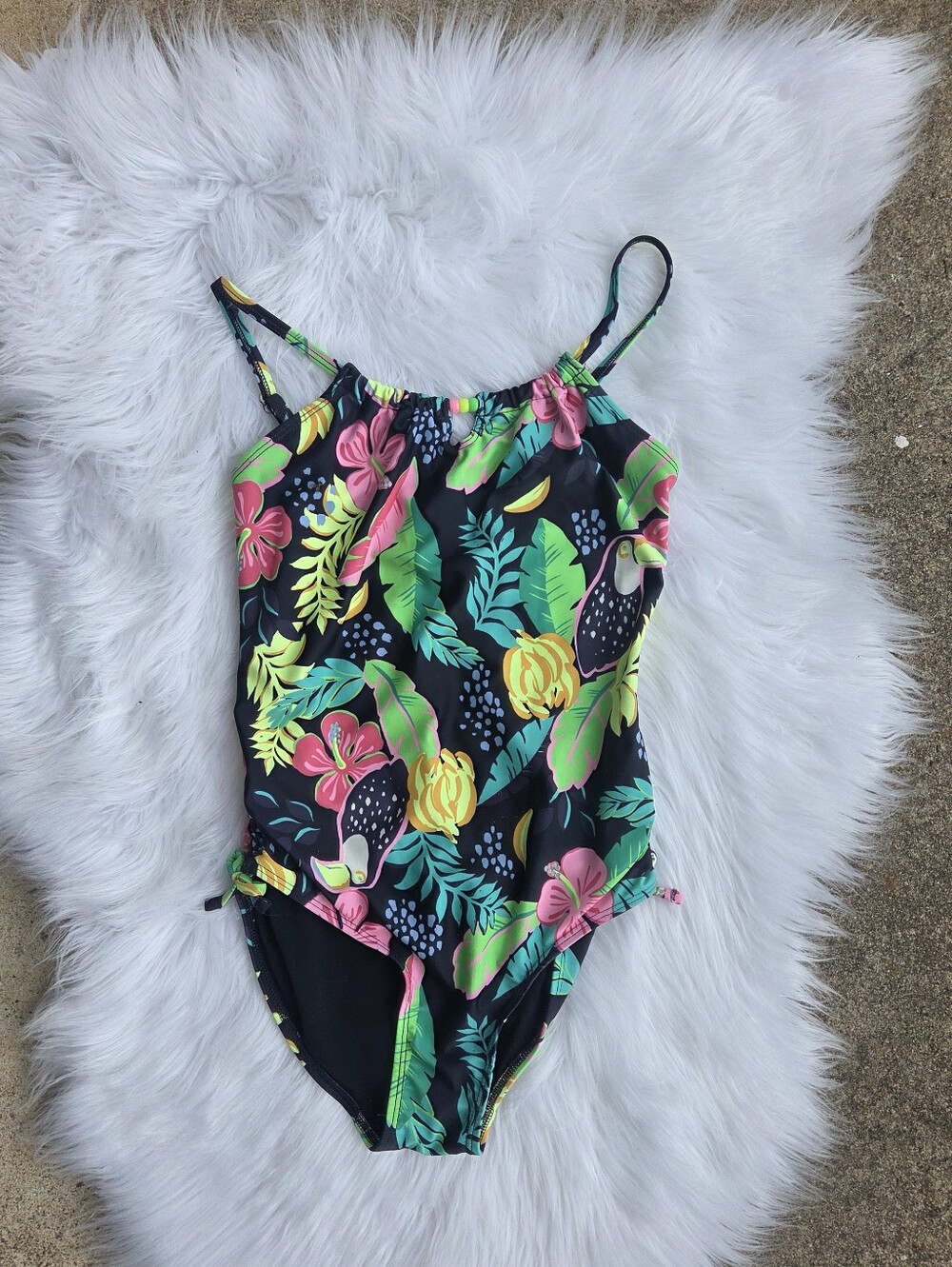 Old Navy - Kids Bead-Cutout One-Piece Swimsuit - Black with Neon Prints - Size
